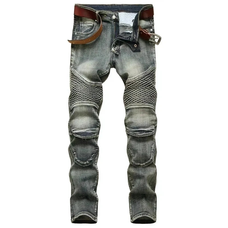 Men's New Casual Motorcycle Jeans Hip Hop Street Riding Stretch Slim Fit Straight Pants Patchwork Fashion Denim Trousers Male - Chrissy's Eye