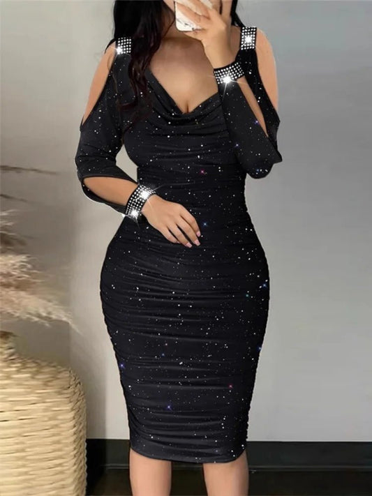 Sexy Off Shoulder Lady Dresses Fashion Solid Color Sequins Tight Mini Dresses Evening Party Slim Fit Female Clothes Plus Size - Chrissy's Eye