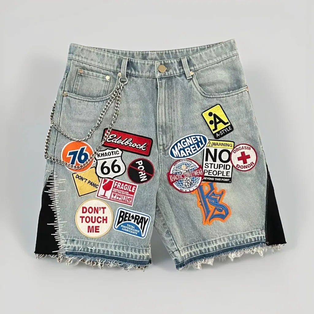 Retro Blue Streetwear Patchwork Denim Short Y2K Jeans Men Women Hip Hop Cartoon Graphics Loose Camo Denim Fitness Casual Shorts - Chrissy's Eye