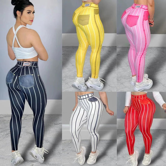 Women High Waist Sports Leggings Stripe Print Stretchable Yoga Pants Sexy Tight Fitness Workout Gym Push Up Causal Pant - Chrissy's Eye