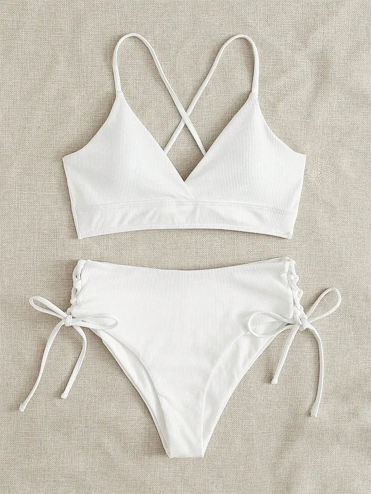 Cikini-V-Neck Split Bikini Set for Women, Sexy Swimsuit, Lace Up, Triangular Bikinis, Solid Color, Beach Swimwear, Bathing Suit - Chrissy's Eye