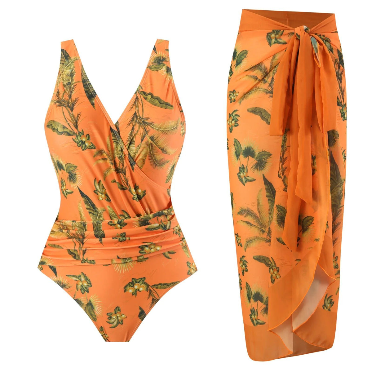 2 Pieces Retro Printed Swimsuit With Cover Up Sexy Women Swimwear 2025 V Neck Bikinis Female Biquini 3XL Bodysuit Beachwear - Chrissy's Eye