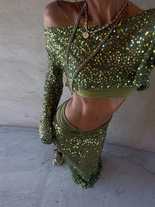 Sexy Sequin Crop Top Long Skirt Set Women Slim Slash Neck Long Sleeve Tops See Through Beach Skirts 2026 Fashion Summer Suits - Chrissy's Eye