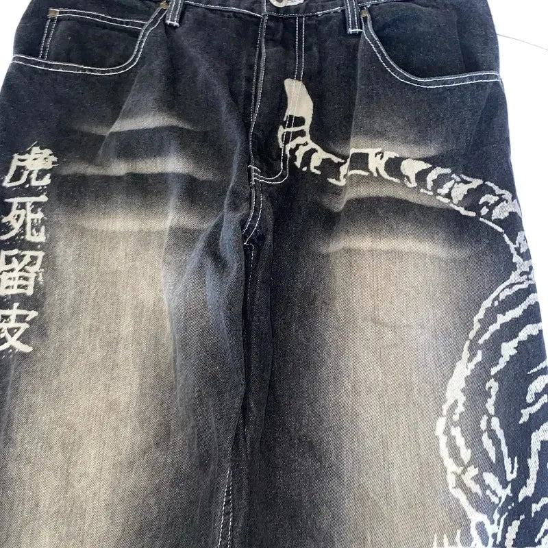 Y2K American New Fashion Tiger Print Loose Jeans Women High Street Harajuku Wind Trend Casual Joker High Waist Wide Leg Pants - Chrissy's Eye