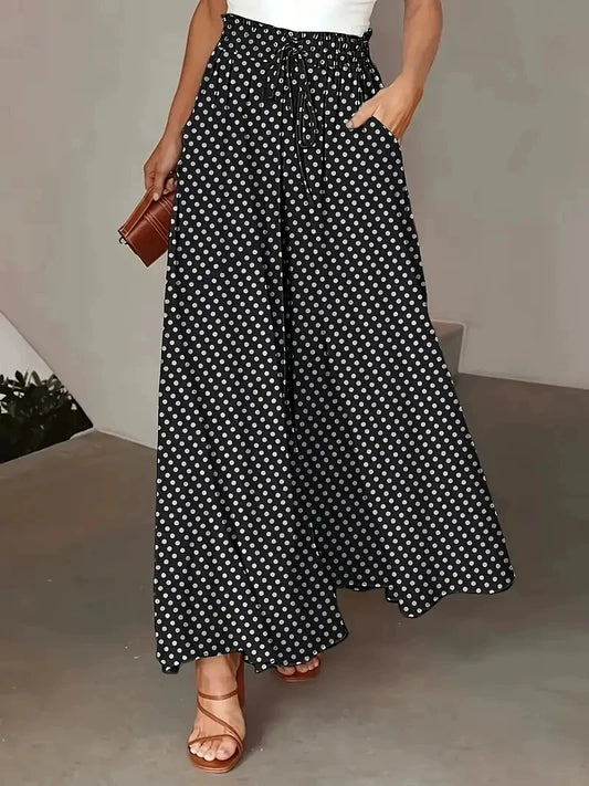 2025 Spring/Summer Bohemian Wide-Leg Pants with Elastic Waist and Polka Dot Print Long Skirt Pants for Women - Chrissy's Eye
