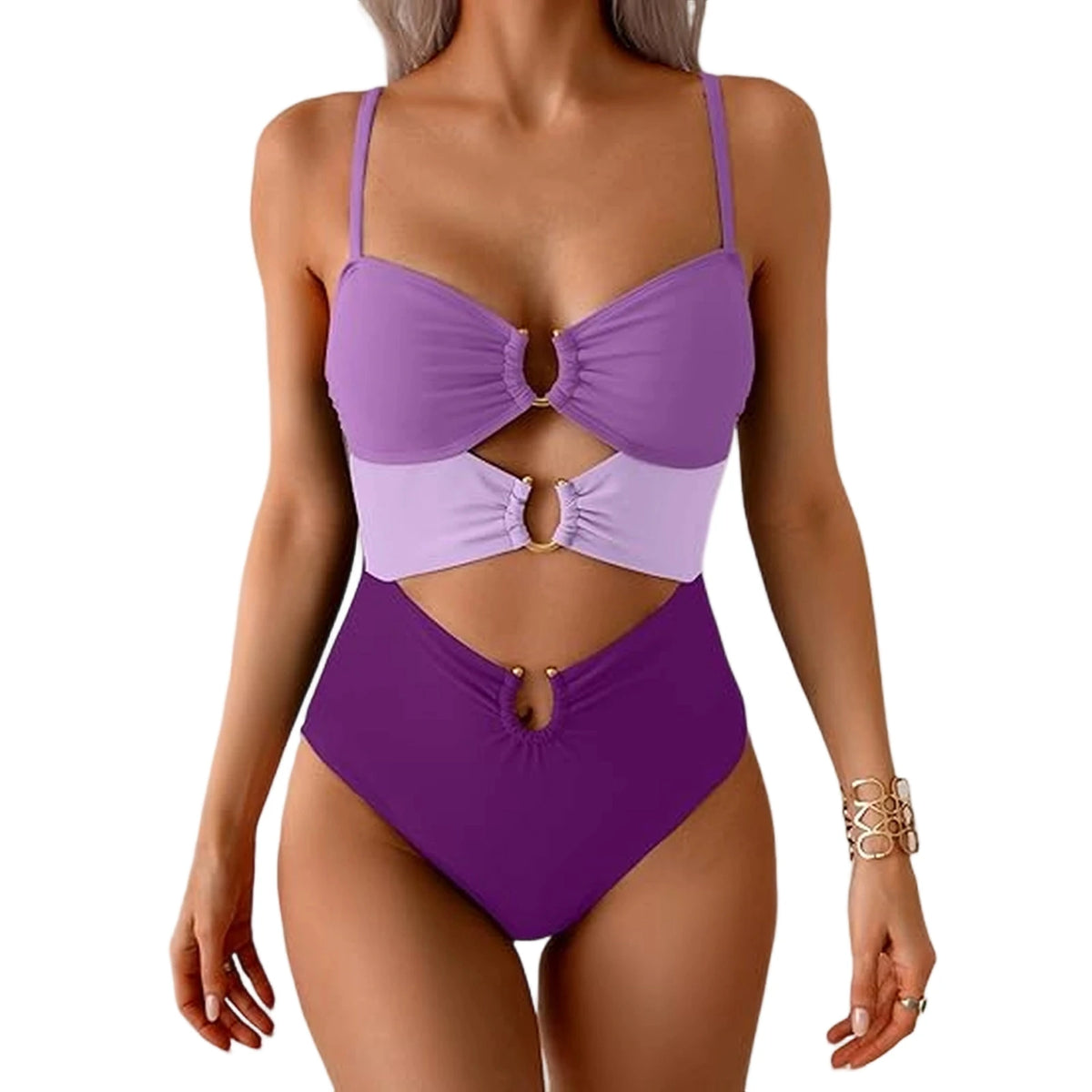 Sexy Cutout Swimsuit Solid Color Summer Spaghetti Strap Color Block Ring Detail One Piece Beach High Cut Bathing Suit - Chrissy's Eye