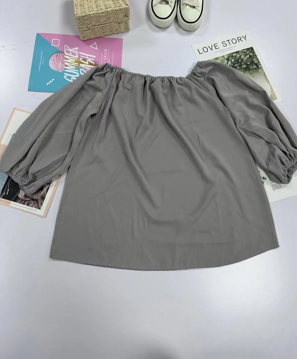 2024 off-shoulder tops for women autumn new one-shoulder solid color lantern sleeves loose long-sleeved T-shirt - Chrissy's Eye