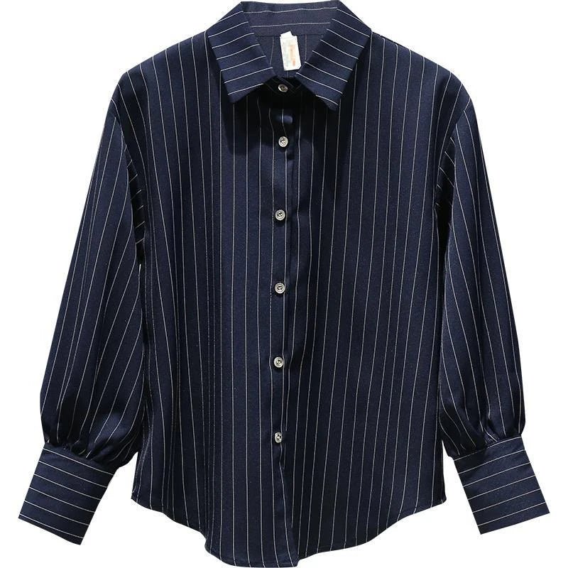 Retro Striped Women's Shirt, Office Long Sleeve Casual Blouse, Button-down Turn Down Collar blouse - Chrissy's Eye