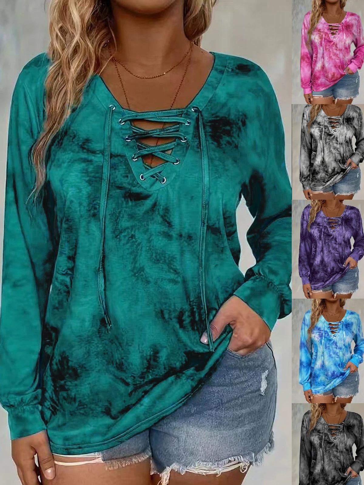 plus size women's tie dye printed long sleeved T-shirt made of polyester knitted fabric elegant lace up casual and comfortable - Chrissy's Eye