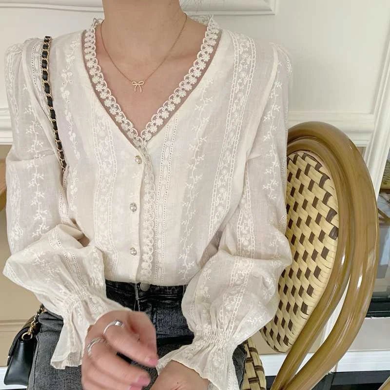 Ele Women's Long Sve Lace irt V-Ne Design Korean Sle Commute Cotton Blend Fabric Pure Color Straight Cut - Chrissy's Eye