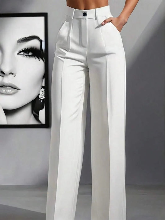 European and American cross-border spring and autumn fashion solid color casual high-waist loose work trousers with pockets - Chrissy's Eye