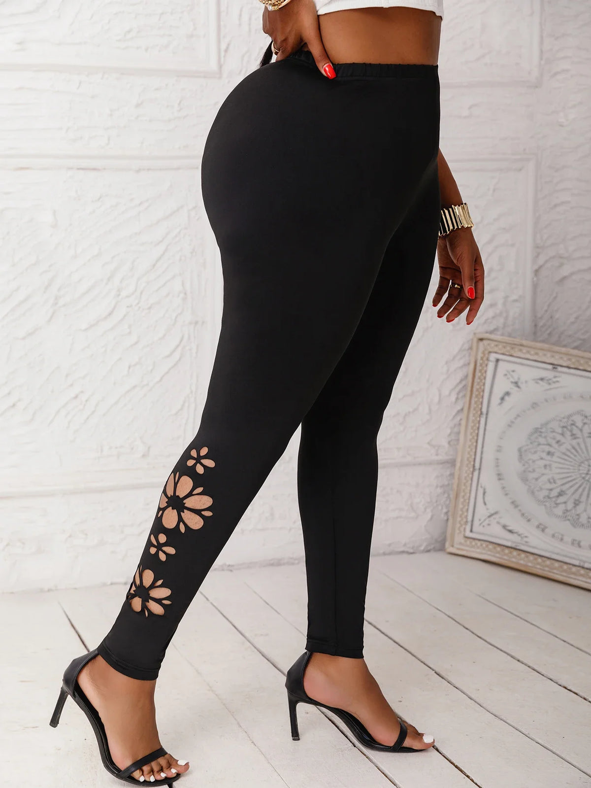 Plus Size Women's High-Elasticity Skinny Pants with Floral Pattern Hollow Comfortable Leggings Fashionable Knit Long Trousers - Chrissy's Eye