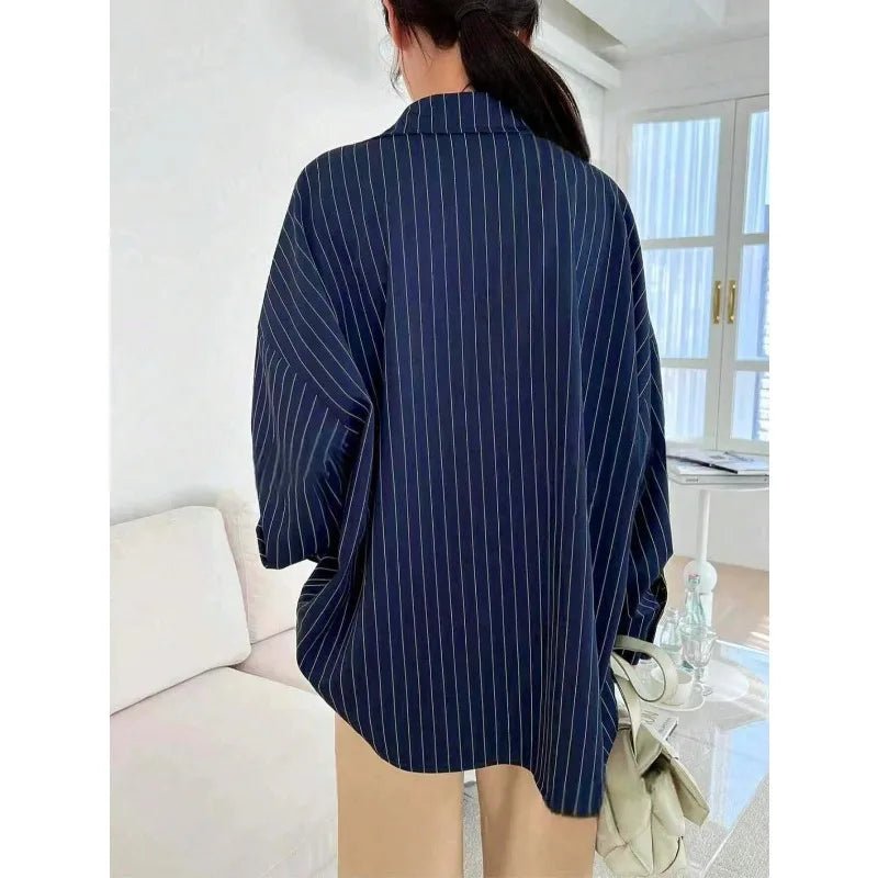 Plus Size Women's Elegant Long Sleeve Turn-down Collar Casual Baggy Shirts Women Vintage Classic Striped Blouse ﻿ - Chrissy's Eye