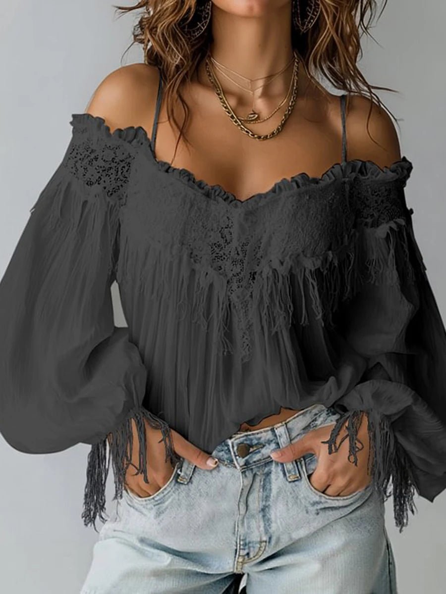 Women's Boho Lace Sexy Off Shoulder Blouse Ruffled Lantern Sleeve Fringes Tops Elegant Female Shirt - Chrissy's Eye