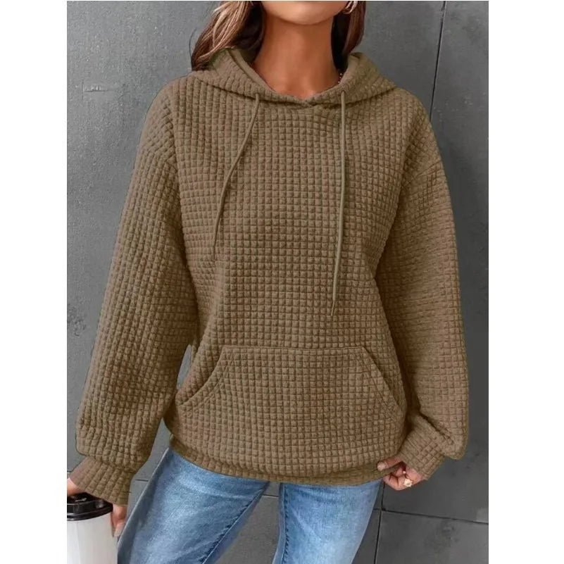 Women's hooded sweatshirt spring and autumn style waffle fashion beautiful solid color hooded drawstring loose sweatshirt - Chrissy's Eye
