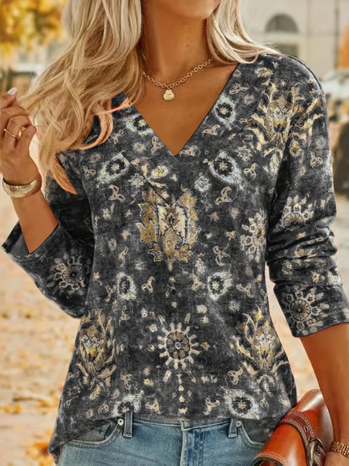 Plus Size Boho Top Women's Plus Floral Print Long Sleeve T-Shirt Casual V Neck Slight Stretch Top Clothing - Chrissy's Eye