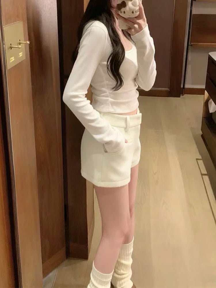 Women's 2025 Winter Thick Wool Blend Shorts - Korean High Waisted Slimming Bodycon 3/4 Booty Shorts - Chrissy's Eye