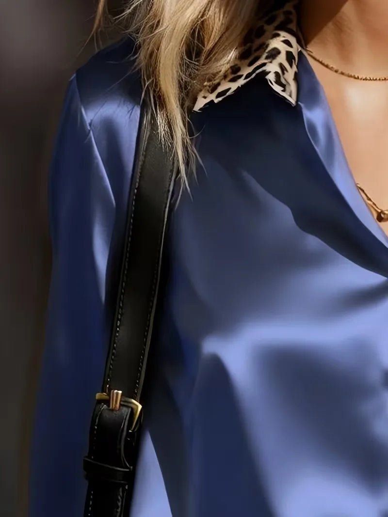 Leopard Collar & Cuff Satin Blouse for Women - White Long Sleeve Button Down Silk-Like Top Office to Evening Chic Shirt blouse - Chrissy's Eye