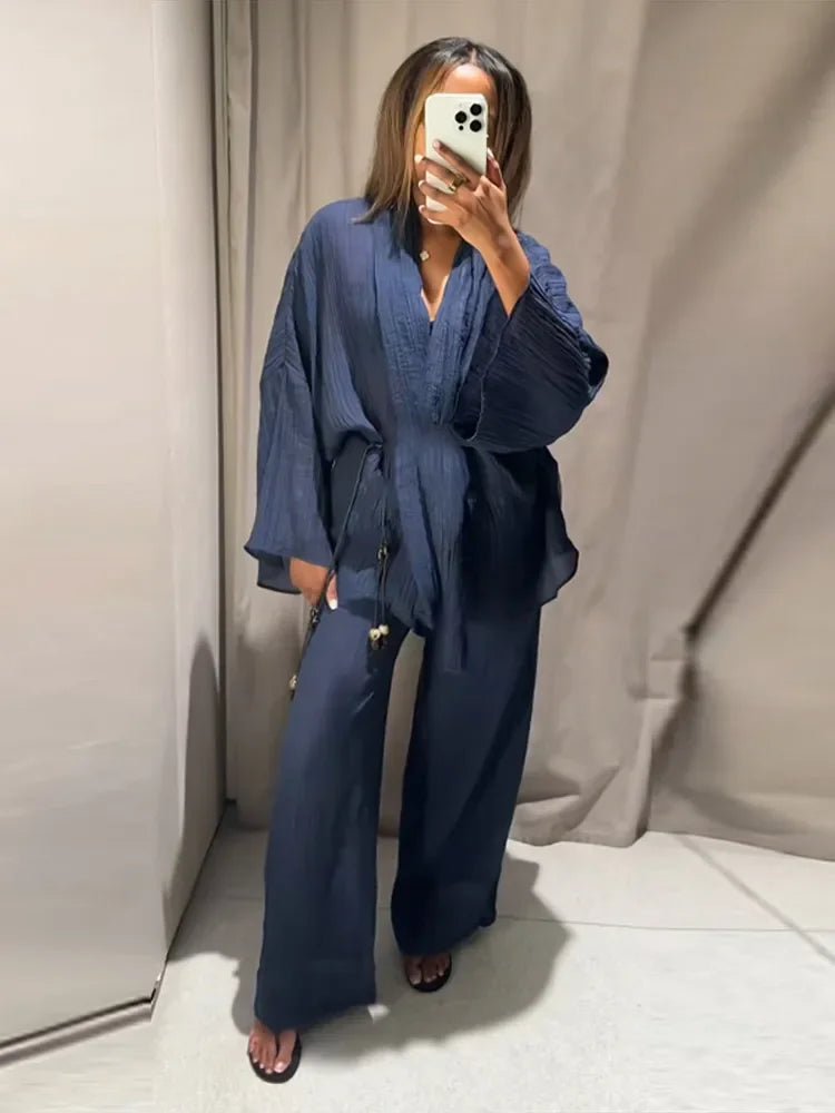 set/S - Fashion Solid Women's Trousers Suits Long Sleeve V-Neck Lace Up Tops Wide Leg Pants 2026 Summer Casual 2 Pieces Set Women - Chrissy's Eye