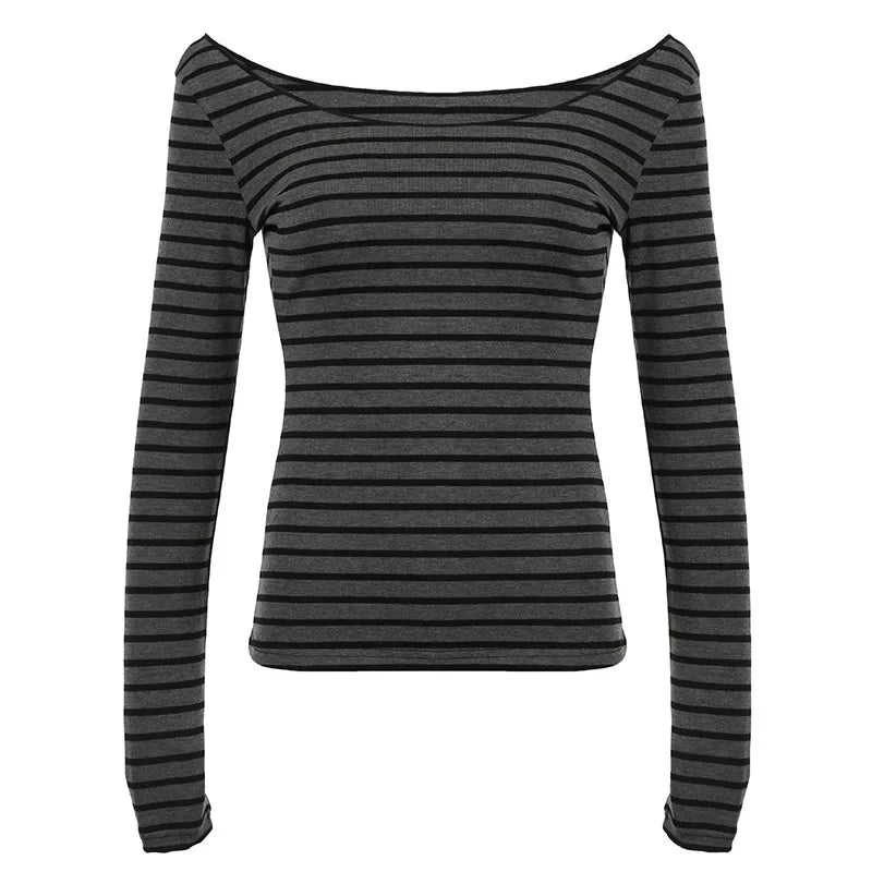 Spring Fall Women's New Japanese Basic Models Slim Long-Sleeved Striped t-Shirt Strapless Korean Street Style y2k Thin Tops - Chrissy's Eye