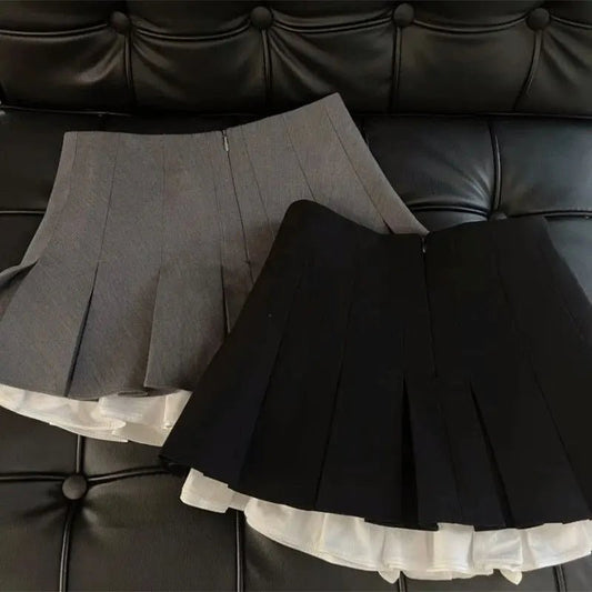 Mooyufon Ruffles Black Mini Skirt Women Korean Patchwork Pleated Skirts Japanese Kawaii High Waist All Match A Line Skirt New - Chrissy's Eye