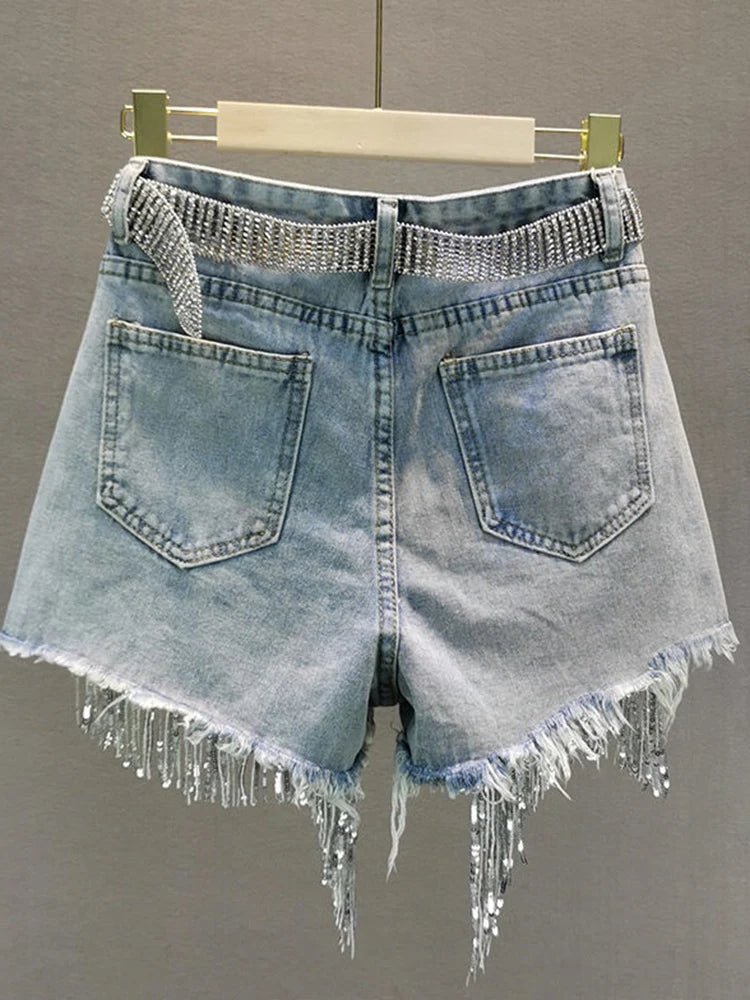 Summer Elegant Shorts Lady Tassel Beading High Waist Wide Leg Denim Shorts Female Casual Solid Shorts Jeans for Women Clothing - Chrissy's Eye