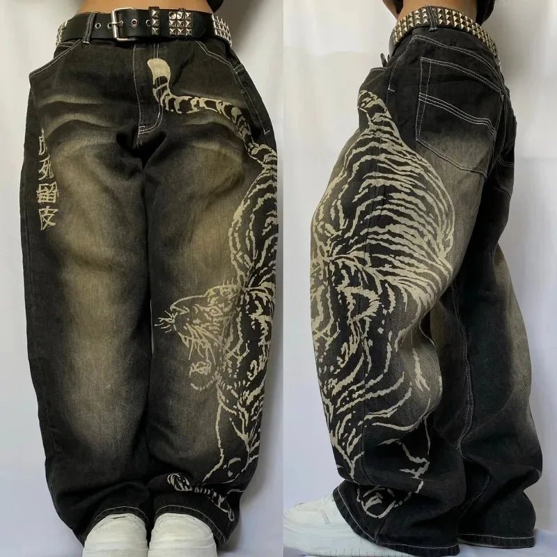 Y2K American New Fashion Tiger Print Loose Jeans Women High Street Harajuku Wind Trend Casual Joker High Waist Wide Leg Pants - Chrissy's Eye