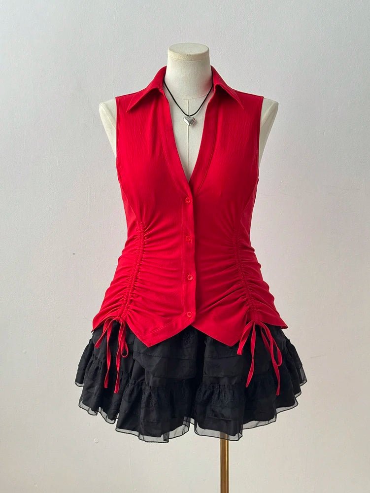 Plus Size Summer New Women's Big Size Music Festival Tie Bow Slim Slim Sleeveless Shirt Polyester Material - Chrissy's Eye