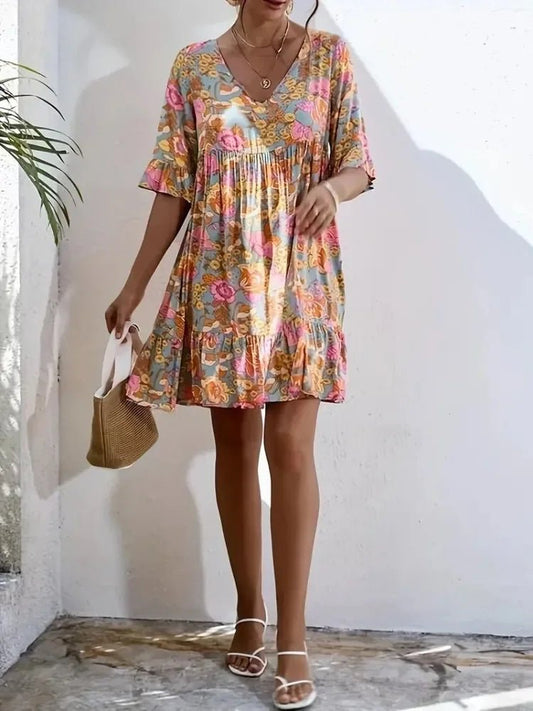 Plus Size Women Summer Floral Print Dress Clothes Casual Short Sleeve Loose Ruffle Hem Beach Party-Dress Popular Bohemian Style - Chrissy's Eye