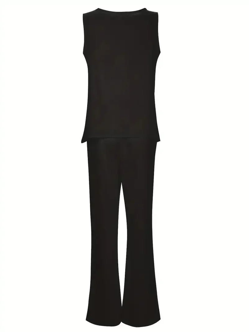 Plus Size 1XL-5XL Women's Casual Outfits Two Piece Set Solid Round Neck Tank Top Wide Leg Pants Outfits 2 Piece Set - Chrissy's Eye