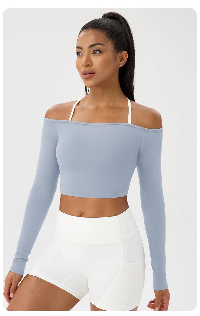 Women Sexy Off Shoulder Yoga Top Long Sleeve Gym Running Top Solid Quick-Dry Sport Workout Shirt - Chrissy's Eye