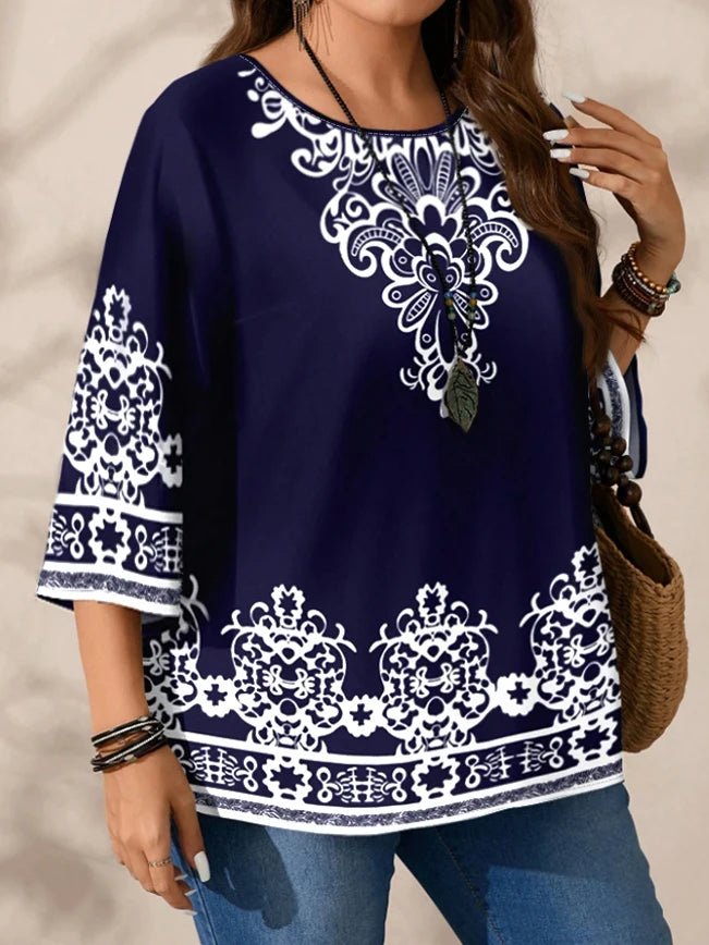 Plus Size Women's Boho Print T-Shirt, Navy Blue with White Floral Patterns, 3/4 Sleeves, Super Comfy for Daily Casual Wear - Chrissy's Eye