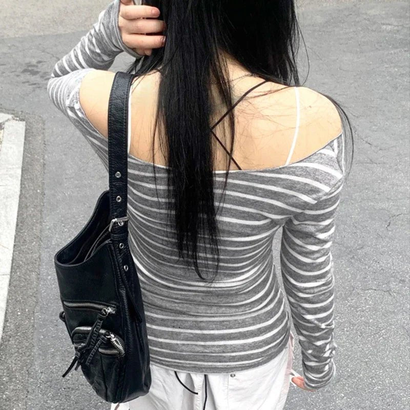 Spring Fall Women's New Japanese Basic Models Slim Long-Sleeved Striped t-Shirt Strapless Korean Street Style y2k Thin Tops - Chrissy's Eye