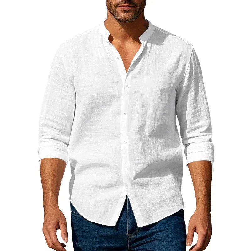 Cotton Linen Shirt for Men Henley Neck Solid Color Lightweight Breathable Slim Fit Single Breasted Shirt Long Sleeve Button Up - Chrissy's Eye