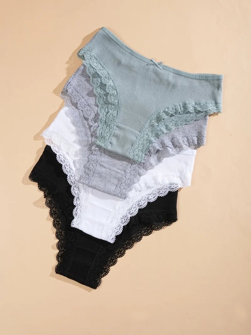 8PCS Women's Cotton Fabric Panties Sexy Lace Bowknot Solid Color Bikini Underpants Fashion Double Straps Comfortable Underwear - Chrissy's Eye