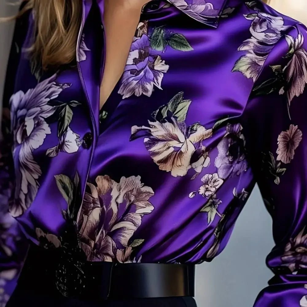 Elegant Intellectual Women's Satin Floral Print Shirt | Soft & Smooth V-Neck Long-Sleeve Button Formal Top for Spring - Chrissy's Eye