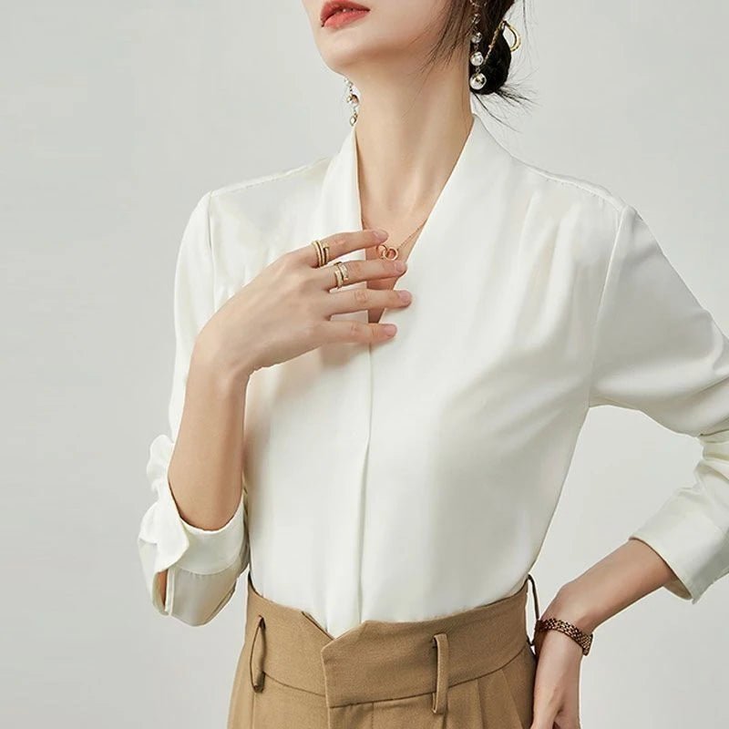 Korean Solid Color V-neck Long Sleeve Lady Chiffon Shirt Spring Autumn Elegant Simple Loose Fit Women's Commuting Shirt New 128 - Chrissy's Eye