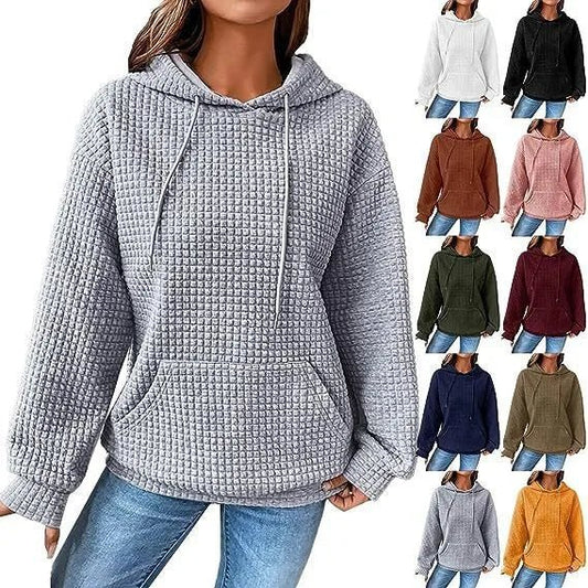 Women's hooded sweatshirt spring and autumn style waffle fashion beautiful solid color hooded drawstring loose sweatshirt - Chrissy's Eye