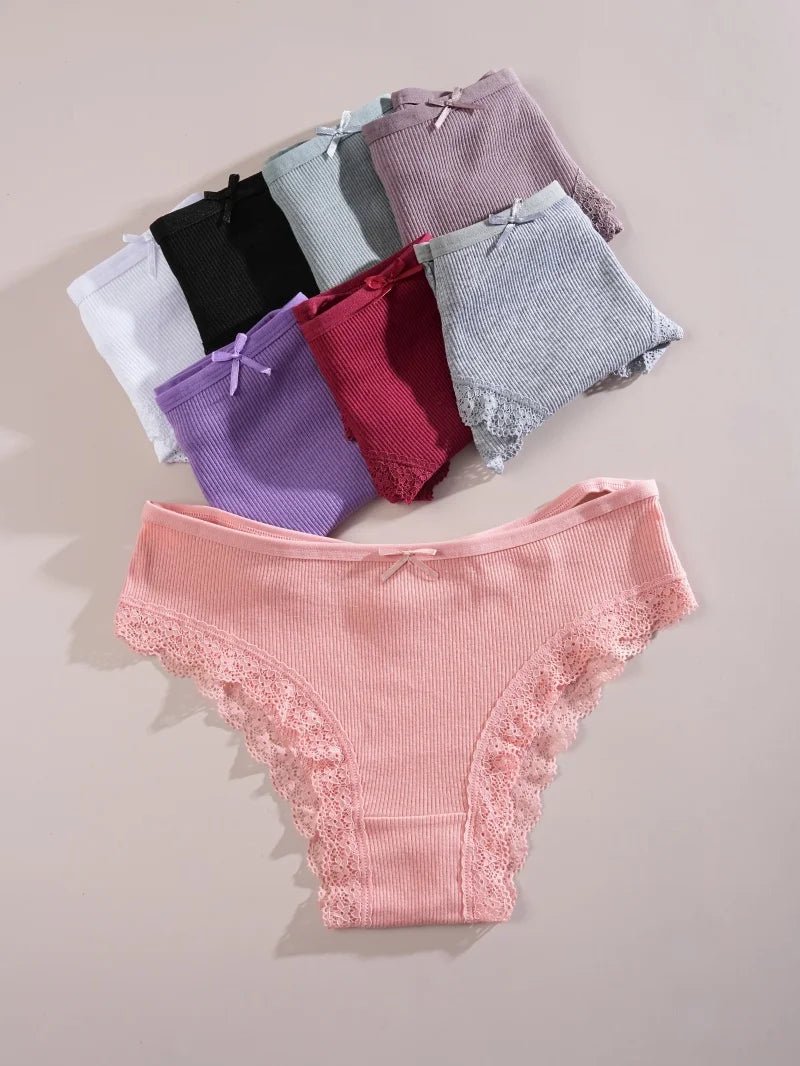 8PCS Women's Cotton Fabric Panties Sexy Lace Bowknot Solid Color Bikini Underpants Fashion Double Straps Comfortable Underwear - Chrissy's Eye