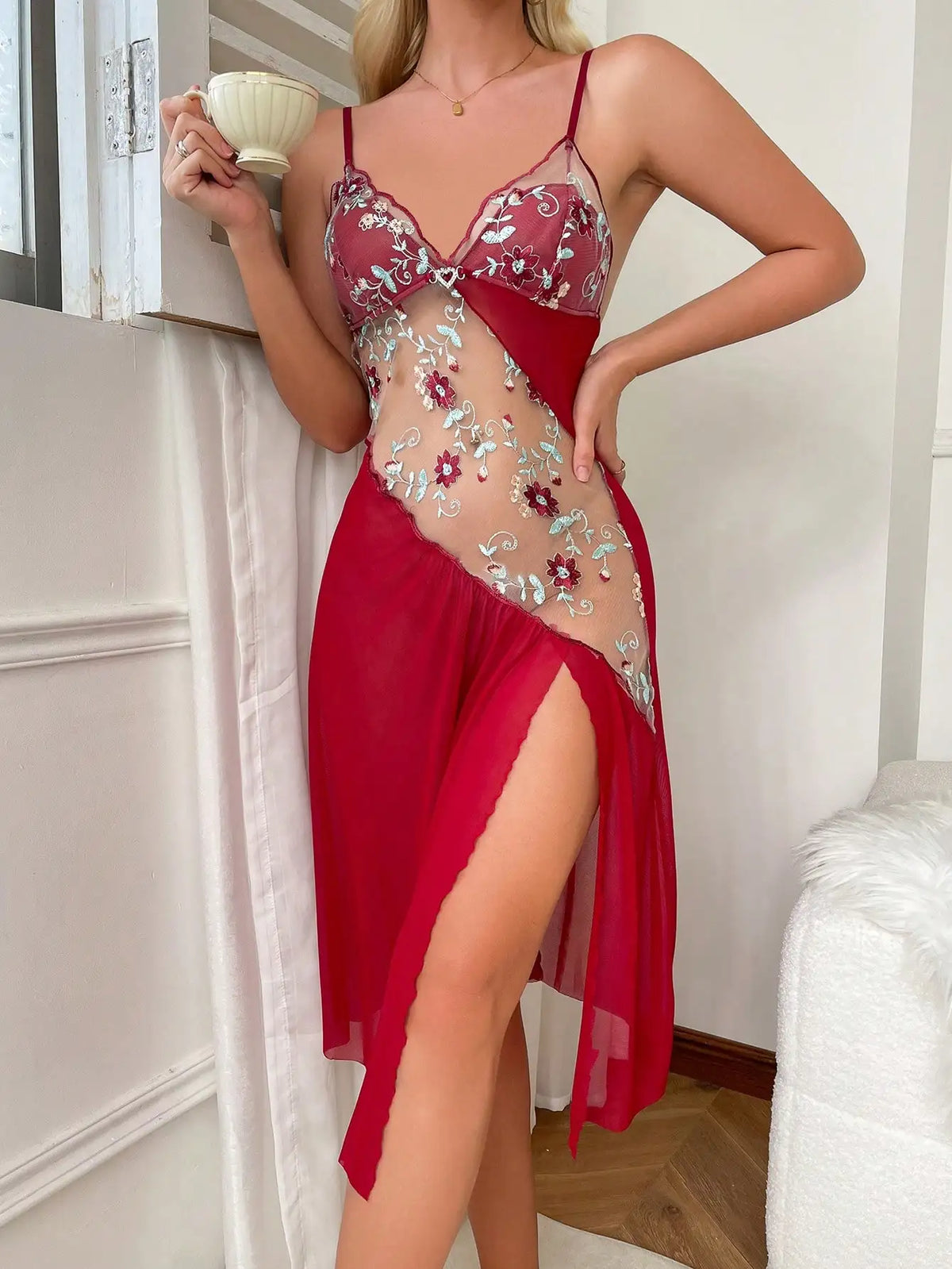 Pink Flower Printed Women Open Back Split Nightdress Homewear Lace Sexy V-Neck Perspective Summer Thin Breathable Slip Sleepwear - Chrissy's Eye