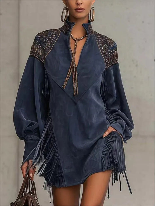 Fashion Vintage Print Tassels Mini Dress Woman Casual V Neck Pocket A-Line Dress Autumn Winter Long Sleeve High Waist Boho Dress - Chrissy's Eye