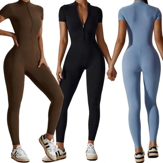 Naked zipper short sleeved yoga suit jumpsuit, quick drying breathable outdoor sports tight fitting jumpsuit, fitness suit - Chrissy's Eye