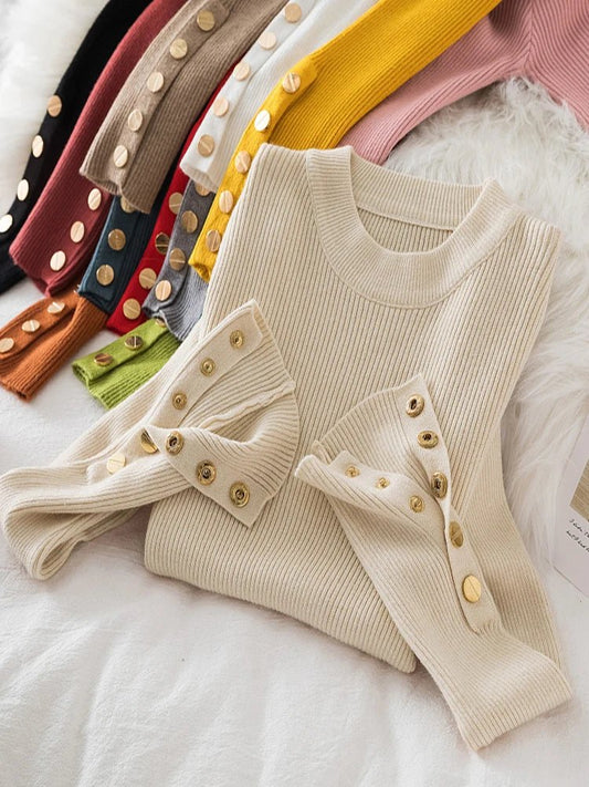 2025 women thick sweater pullovers khaki casual autumn winter button o-neck chic sweater female slim knit top soft jumper tops - Chrissy's Eye