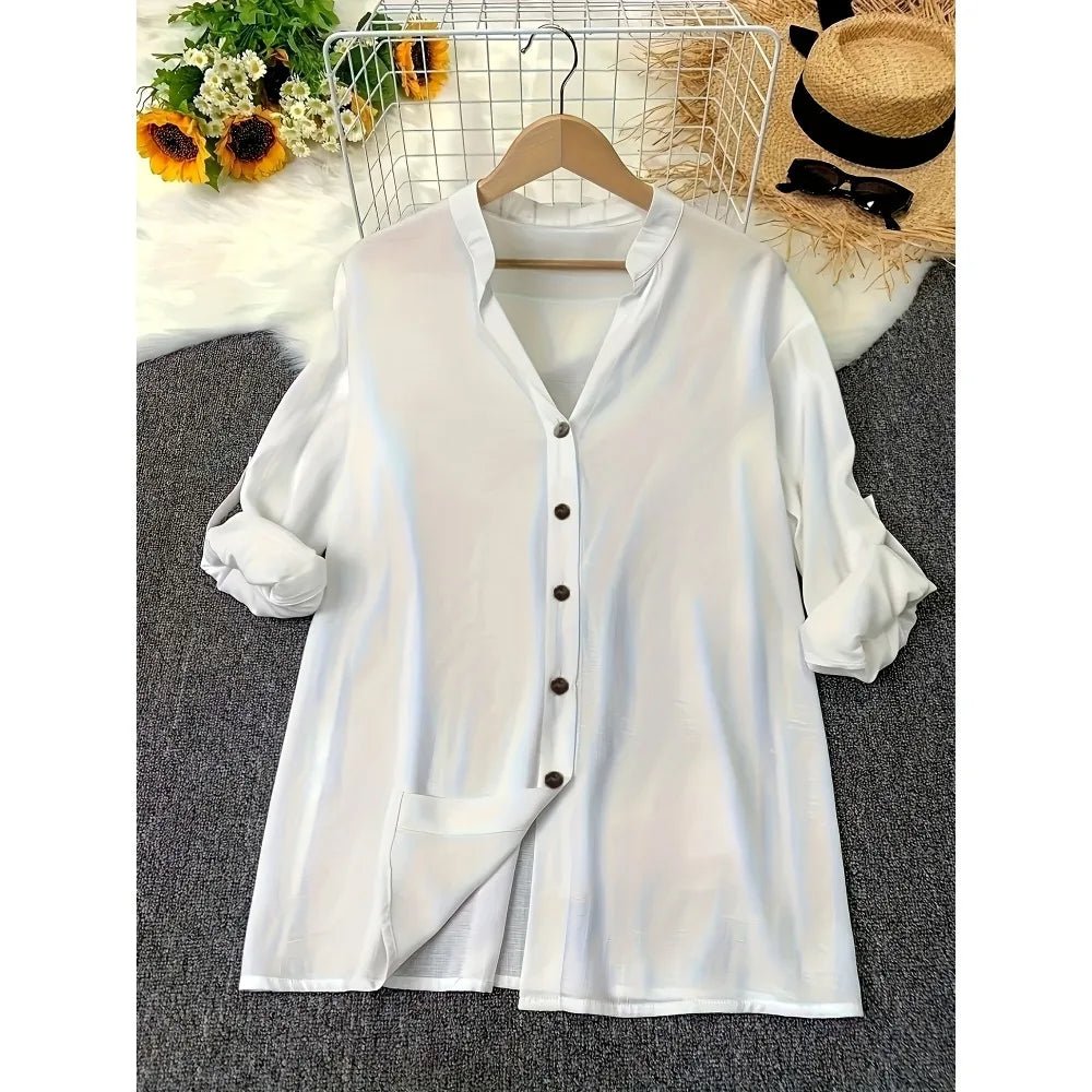 Plus Size 1XL-5XL Rollable Sleeve Solid Blouse Casual V Neck Button Front Blouse Ladies Casual Long Sleeves Blouse Shirt Top - Chrissy's Eye