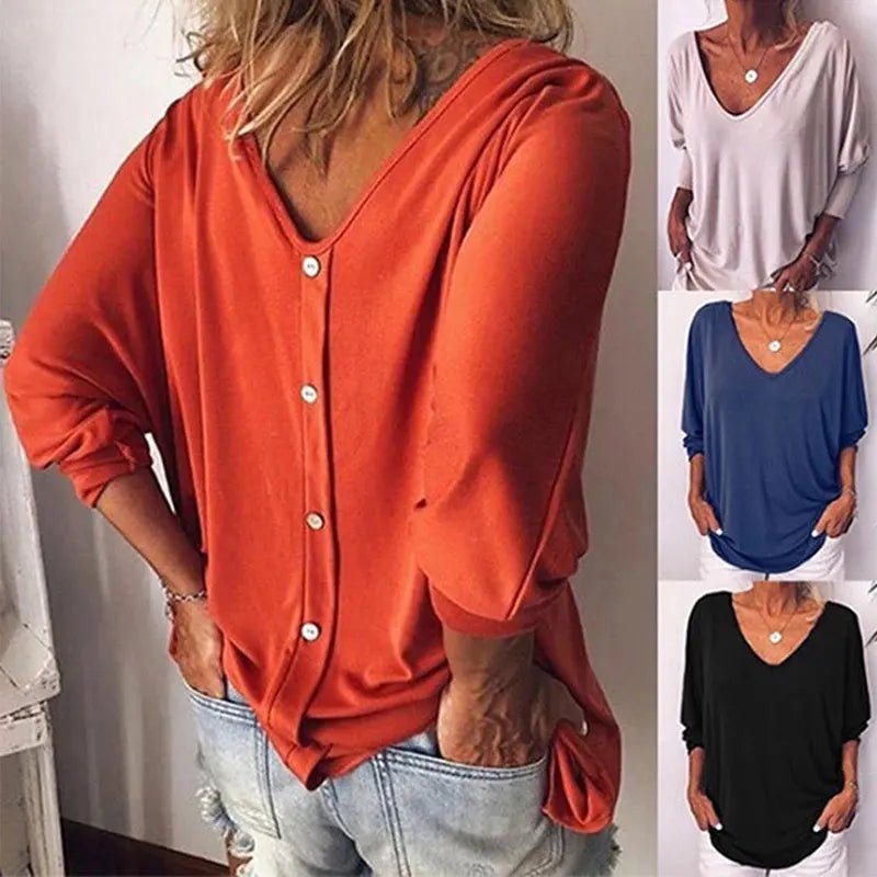Plus Size Loose Women's Shirt V-Neck Overhead Three-Quarter Sleeve Casual Female Top Button Decoration Padded Shoulder - Chrissy's Eye
