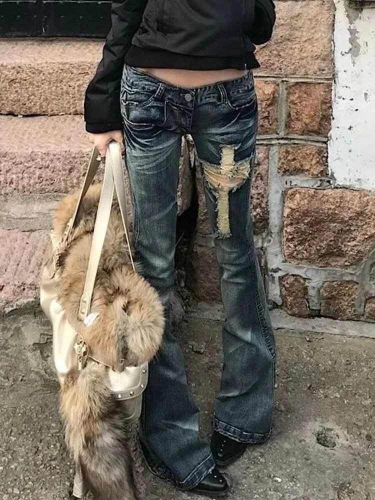 Y2k Aesthetic Women Zipper Denim Pant Spring High Waist Vintage Hollow Out Hole Harajuku Pants Streetwear Grunge Flared Trousers - Chrissy's Eye