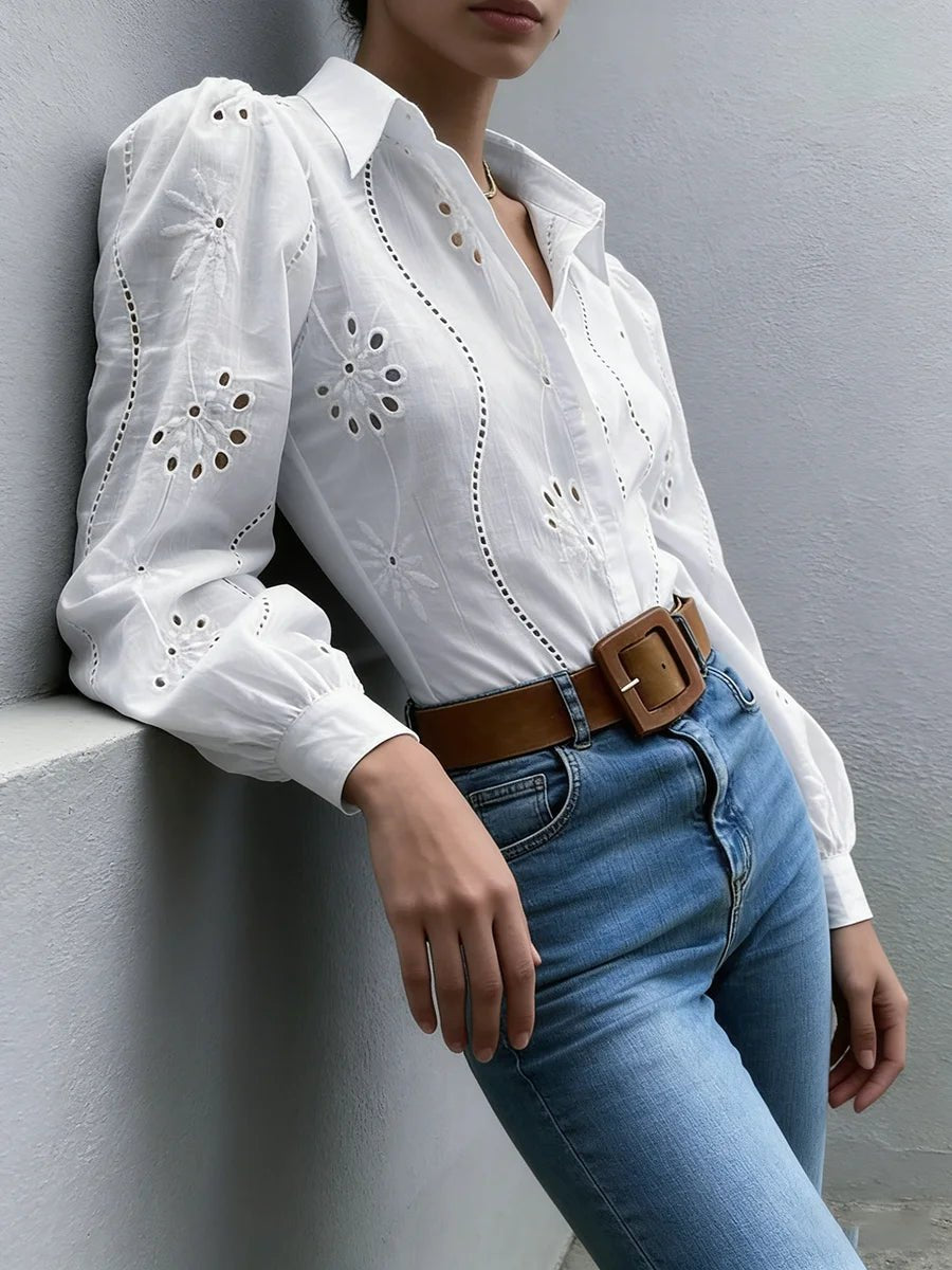 Women's Blouse Spring Summer White Eyelet Embroidery Puff Long Sleeve Valentine's Day Elegant Romantic Casual Vacation Top - Chrissy's Eye