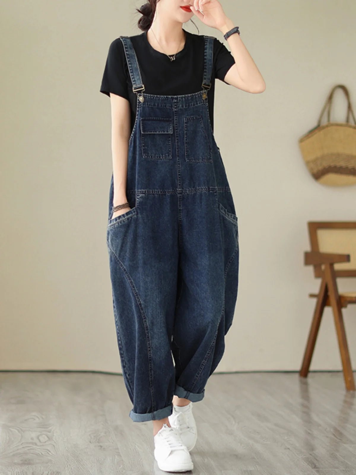 Fall Women's Loose Jeans Overalls Deep Blue High Waist Design Sensation plus Size Faion plus Size Women's Loose Slimming - Chrissy's Eye