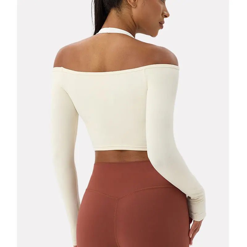 Women Sexy Off Shoulder Yoga Top Long Sleeve Gym Running Top Solid Quick-Dry Sport Workout Shirt - Chrissy's Eye