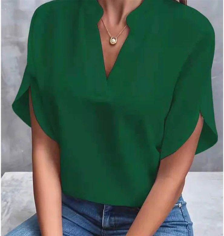 Summer Elegant Women's Blouse New V-neck Short Sleeve Solid Color Loose Shirt Casual White Tops Office Lady Blouses - Chrissy's Eye